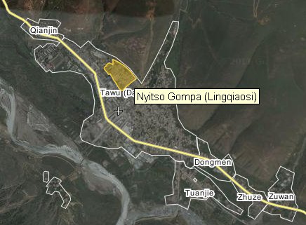 Localisation de Nyitso Gompa à Tawu.